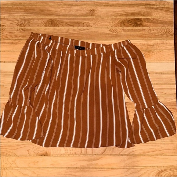 E2M Rust Stripe Off Shoulder Bell Sleeve Boho Blouse | Size M - Picture 2 of 7